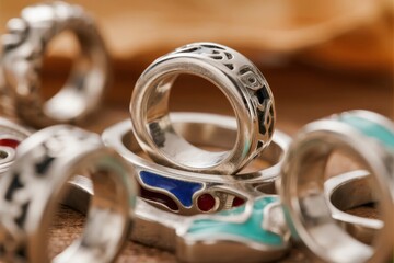 Close-up of intricately designed silver rings with colorful inlays on a wooden surface