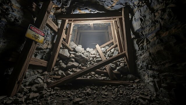 Eerie entrance to a dark and dangerous abandoned mine shaft, supported by old wooden timbers and blocked by a pile of rocks, suggesting hidden depths and potential collapse