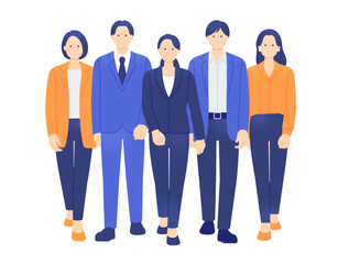 未来へ向かって歩く若手のビジネスパーソン。スーツとオフィスカジュアルの男女5人組イラスト素材。