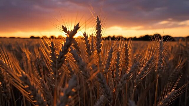 Sunlit wheat fields glow with golden stalks as a bright sunset sinks to the distant horizon at dusk
