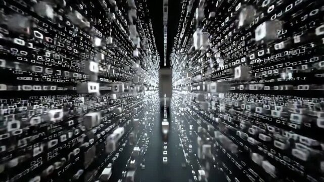 Navigating the Digital Realm: A mesmerizing perspective of a person surrounded by a matrix of data cubes and blocks, showcasing the intricate architecture of a data world.