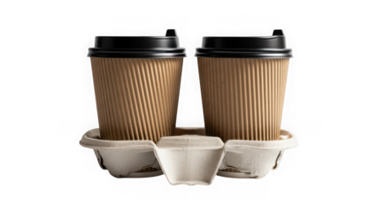 Two disposable coffee cups with lids on trays isolated on transparent background