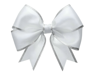 Elegant white satin bow with silver edging, perfect for gift wrapping or decoration