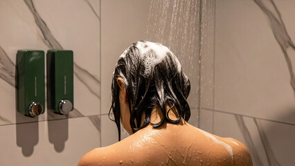 Back view of person lathering dark hair under water stream during refreshing morning routine in stylish bathroom