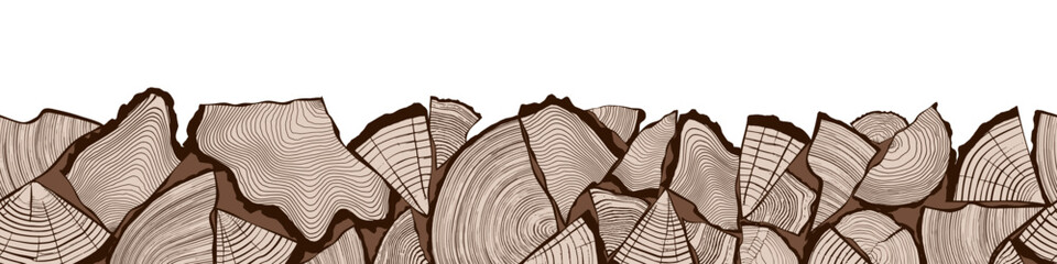 Logs of firewood, wood texture seamless border, vector design, isolated on white background