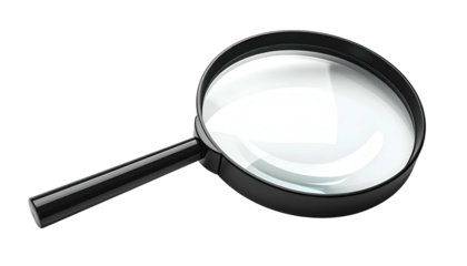 A black-handled magnifying glass, angled slightly, with a clear, reflective lens