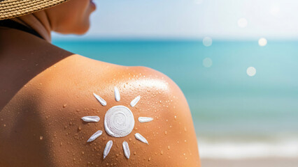 Protecting Skin Closeup of Sunscreen Art Shaped Like a Sun on a Woman s Shoulder During a Bright Tropical Beach Vacation