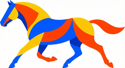 Obraz premium A horse, orange, yellow, and blue color scheme, curvilinear design, white background.