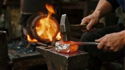 Blacksmith forging hot metal on an anvil with a hammer in a workshop