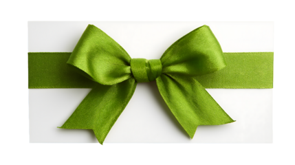 Green Ribbon Gift Bow on White Card Isolated on White Background