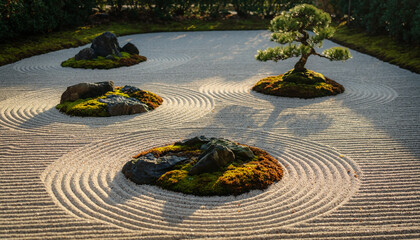 A Serene And Meditative Image Of A Zen Garden, With Perfectly Raked Sand, Moss-covered Rocks, And A Single, Bonsai Tree.