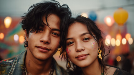 Vibrant couple embracing at S&rsquo;Art Urban Art Festival in Cambodia, surrounded by colorful street art and lively atmosphere