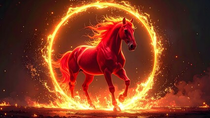 Fiery red horse framed by a glowing energy circle, representing passion and ambition. Suitable for New Year visuals, zodiac content, advertising banners, motion graphics, and premium marketing designs
