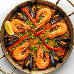 Paella dish with shrimp and mussels in a copper pan