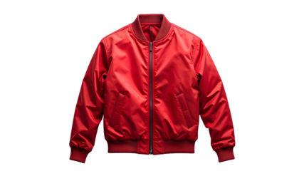 A vibrant, glossy red bomber jacket with ribbed collar, cuffs, and waist, on a black backdrop