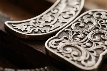 Intricately carved metallic decorative pieces with floral patterns resting on a wooden surface