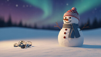 Charming Snowman Under Arctic Lights Winter Wonderland Scene