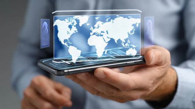 Global Connection:  A close-up view reveals a person's hands cradling a smartphone displaying a holographic world map, symbolizing the ease and connectivity of global communication.
