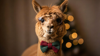 Festive Alpaca Dressed for Holiday Celebration with Bowtie and Glasses