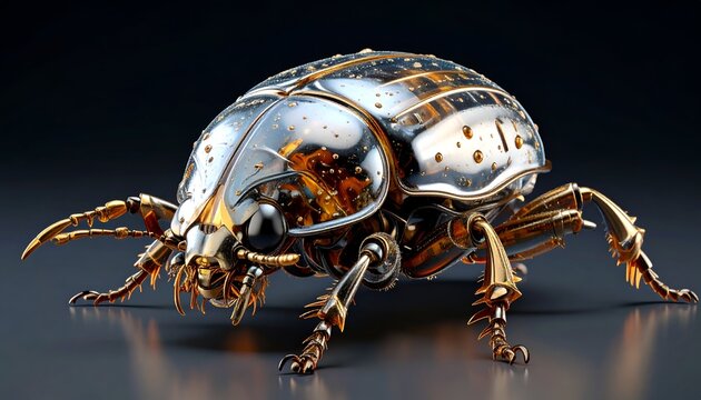 Metallic insect with intricate mechanical details, gleaming with gold