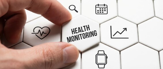 Health Monitoring Concept: Hand Placing Tile on Puzzle with Health Icons