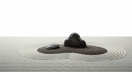 Minimalist Zen rock garden with artistic raked sand patterns and natural stones highlighted by clean bright studio light. AI Generated