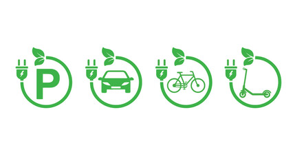 Eco friendly transportation icons with leaf and plug
