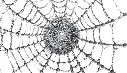 Dew-covered arachnid web detailed with radiating lines, a central hub