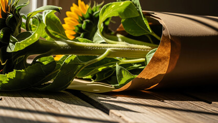 Freshly Picked Sunflowers in Rustic Paper Wrapping on Wooden Surface