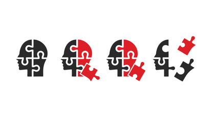 Puzzle pieces forming complete ideas in human heads