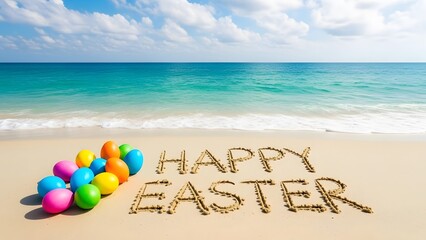 Easter eggs on a sunny beach with happy easter message
