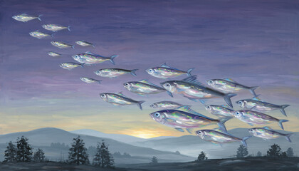 A Surreal Painting Of A Flock Of Fish Swimming Through The Sky Like Birds.