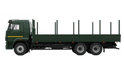 Green logging truck with trailer on transparent background isolated