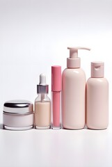 Skincare cosmetic bottles include face wash, lotion, lip gloss, serum, face cream 3d rendering isolated on white background cartoon plastic style icon