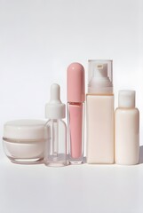 Skincare cosmetic bottles include face wash, lotion, lip gloss, serum, face cream 3d rendering isolated on white background cartoon plastic style icon