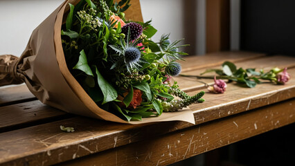 Rustic Bouquet of Fresh Flowers Wrapped in Kraft Paper on Wooden Surface