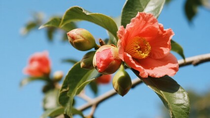 Close-up of a blooming orange flower with buds and green leaves against a clear blue sky