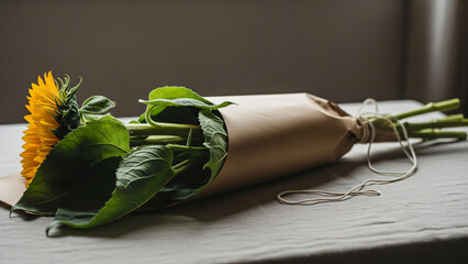Beautiful Wrapped Sunflower Bouquet on a Table