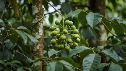 Cluster of green unripe fruits growing on a tree branch in a lush forest environment