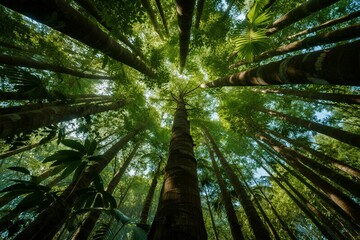 A low-angle view of towering bamboo trees reaching into the sky in a dense forest canopy.