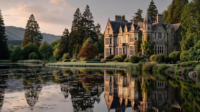 Reflections of Victorian mansions at golden hour. 4K Video