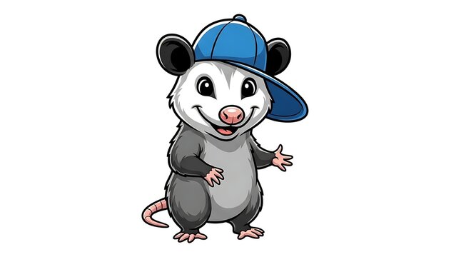 Cartoon opossum wearing blue cap smiling and waving