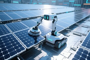 Automated cleaning robot maintaining solar panels in a large-scale photovoltaic installation