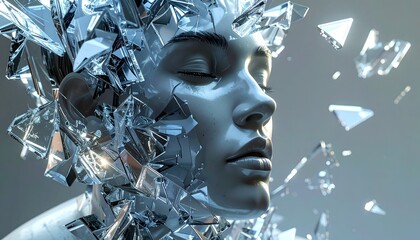 Woman's serene face, partially shattered, surrounded by fragmented glass