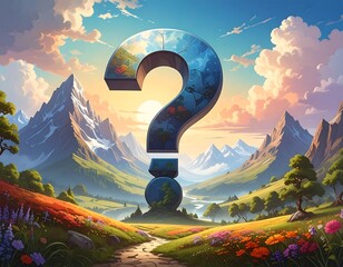 Surreal landscape with a large question mark incorporating earth, mountains, floral meadow, sunset sky, and a meandering path