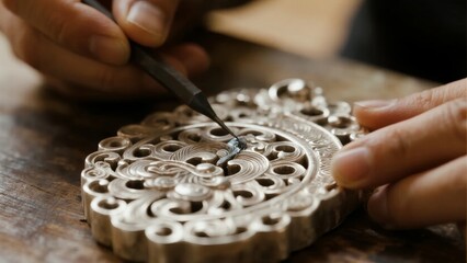 Close-up of hands carving intricate patterns into a wooden object using a fine tool