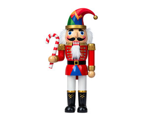 A vibrant Christmas nutcracker soldier figure, holding a candy cane, on a black background