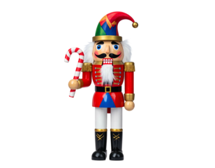 A vibrant Christmas nutcracker soldier figure, holding a candy cane, on a black background
