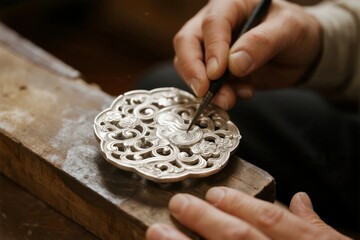 Artisan crafting intricate metalwork with a precision tool on a wooden workbench