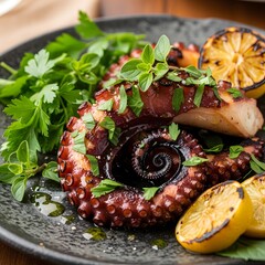 Grilled octopus with fresh herbs and lemon on a plate